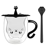 Afitdon Süße katzen Tasse Doppelwandige Katzenbecher Süße Tassen mit Katzenmotiven mit Löffel Geschenk für katzenliebhaber 280 ml für Cappuccino, Latte Macchiato, Tee, EIS und Milch