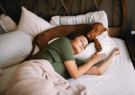 Hund schläft bei Frauchen im Bett