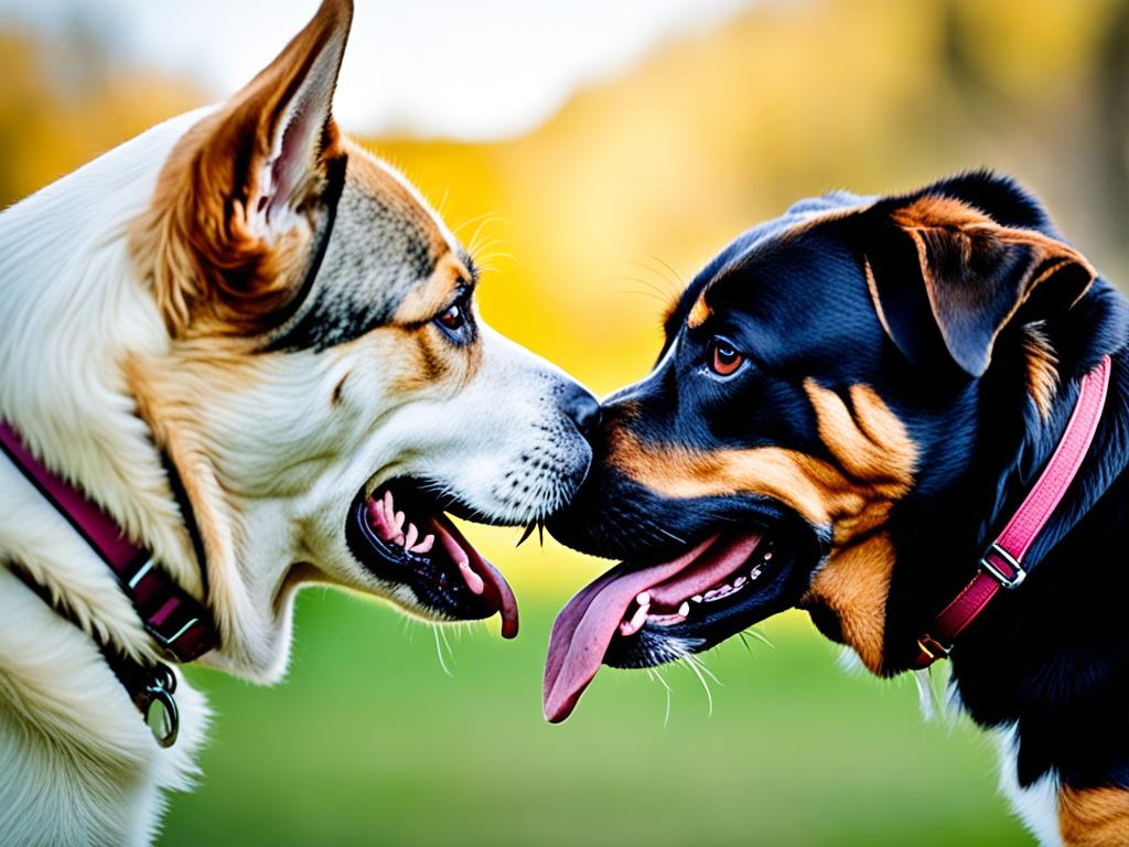 Hund leckt anderen Hunden das Maul